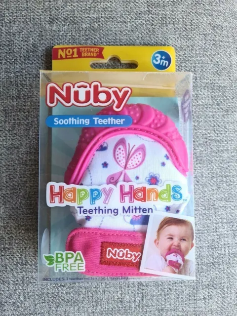 Nuby Soothing Teething Mitten with Hygienic Travel Bag, Pink, BPA Free, Open Box