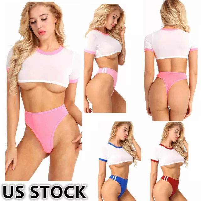 US Sexy Women Uniform Crop Top Bikini Set Cosplay School Girl Outfit T-shirts 3
