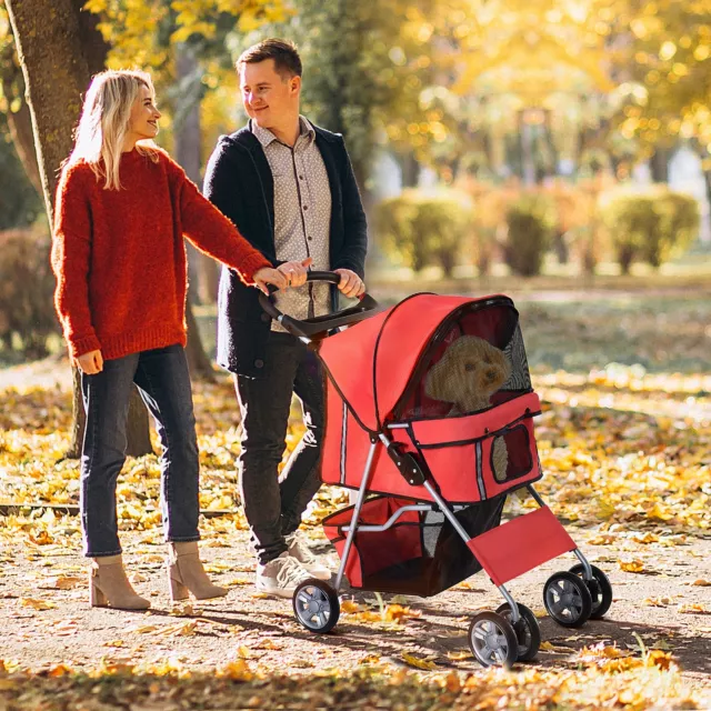 4 Wheel Pet Stroller Cat Dog Jogger Folding Sunshade Canopy Red