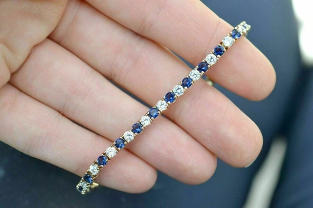 Round Cut Lab Created Blue Sapphire Tennis Women Bracelet 14K Yellow Gold Plated