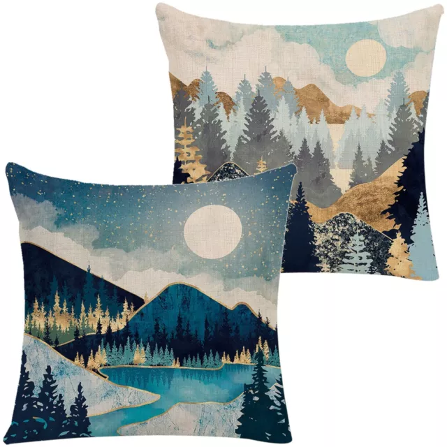 2pcs Linen Cushion Cover Mountain Forest Cotton Throw Decor Seat Pillow Case