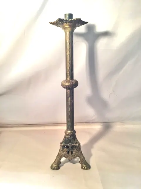 Antique Brass Church Cathedral Altar Candle Holder Gothic 19”, 3 Legs, 3 Crosses