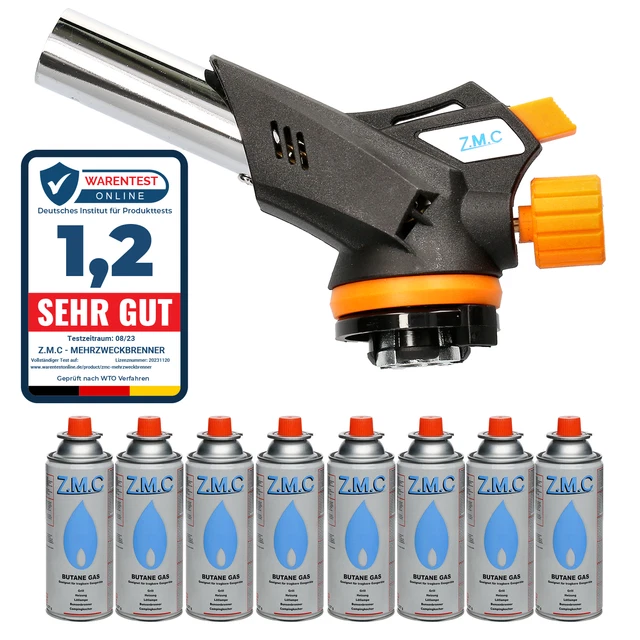 Brûleur à Gaz Bec Bunsen Réglable Avec Allumage Piézo + 8 Cartouches Butane | ZMC