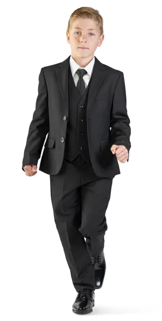 Boys Solid Black Suit 5 Piece Set Notch Lapel Kids Formal Dress AZARMAN 4030-12