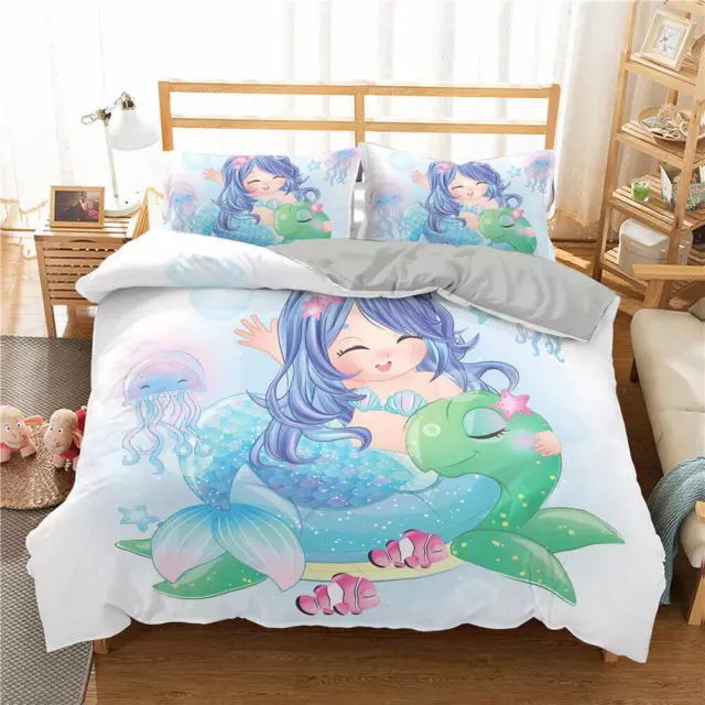 Cartoon Mermaid Sea Turtles Fish Quilt Duvet Cover Set Bedroom Decor Doona Cover