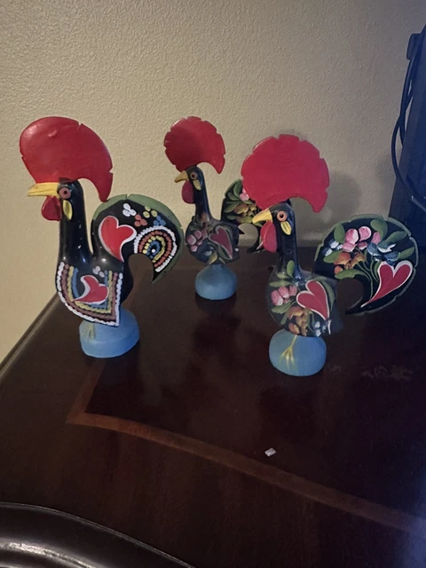 Three Portuguese Folk Art Ceramic Hand Painted Good Luck 8" Rooster Figurine