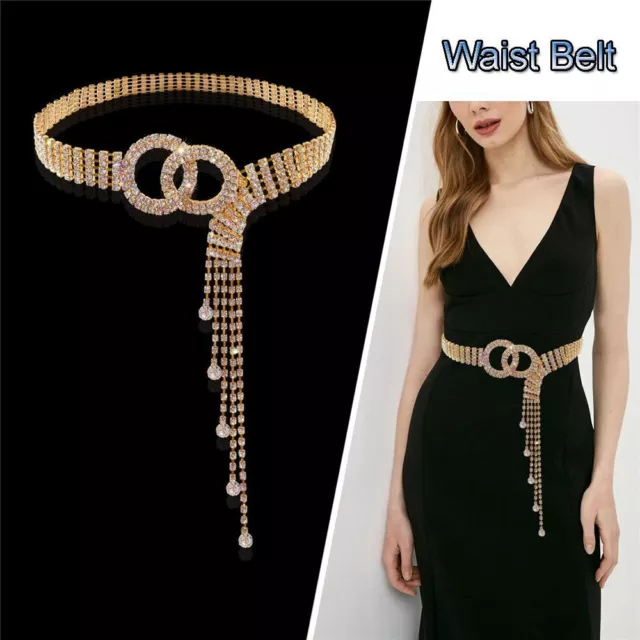 Bling Chain Belt with Rhinestone O-Ring Sparkling Tassels Crystal Waist Belt