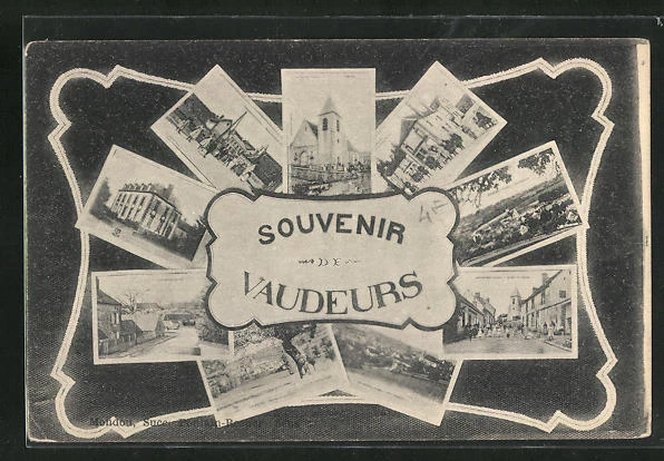 CPA Vaudeurs, l'Église, Hôtel de Ville, château, vue de la rue