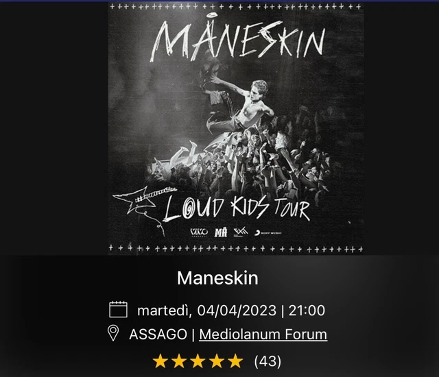 2 biglietti concerto MANESKIN, 4/04/2023 Mediolanum Forum Assago (MI)