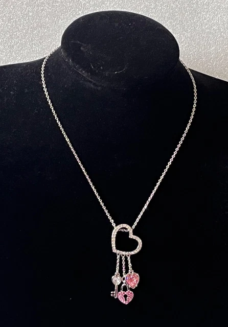 Swarovski Silver Tone Crystal Pink Heart Lock Pendant Necklace(38cm) - #848563