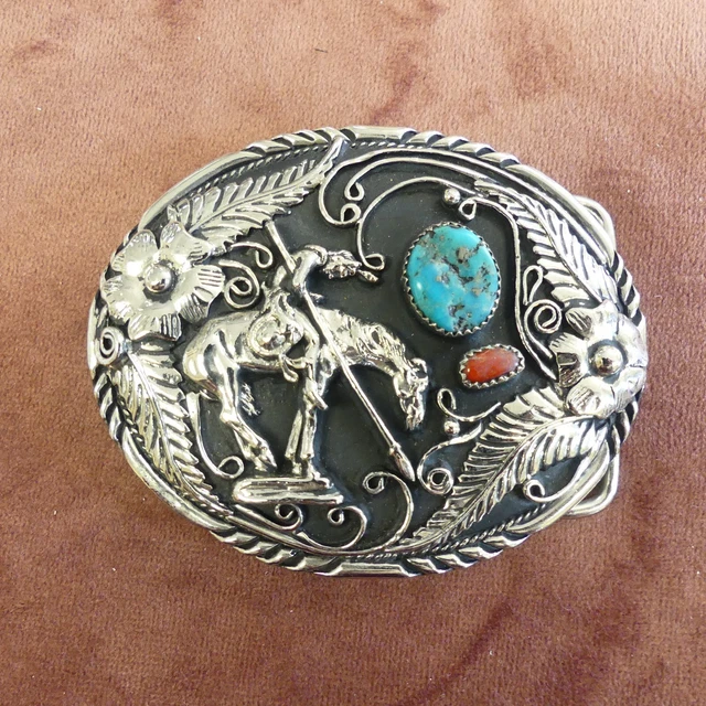 Native American Indian On Horse Turquoise And Red Coral Belt Buckle