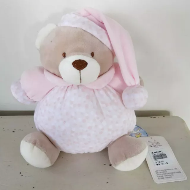 NEW Le Premier Pink Plush Teddy Ball Bear Rattle FlybyFly Round Made in France