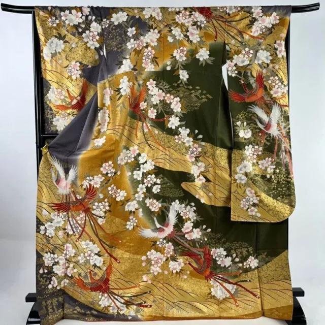 Woman Japanese Kimono Furisode Silk Bird CherryBlossom Gold Thread GrayPurple