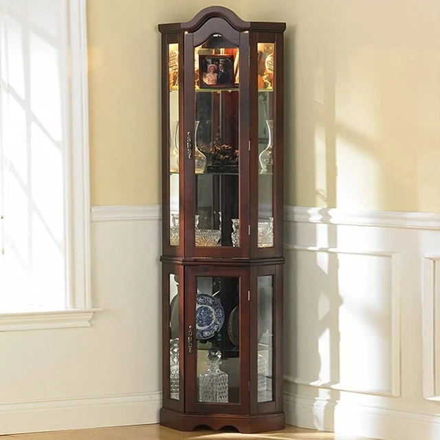 Brown Mirror Back Curio Cabinet Lighted Glass Shelf Corner Display Furniture Brown Mirror Back Curio Cabinet Lighted Glass Shelf Corner Display Furniture