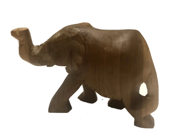 Carved Wood Elephant Trunk Up Sculpture Figurine 4.5”x7” Lucky Elephant