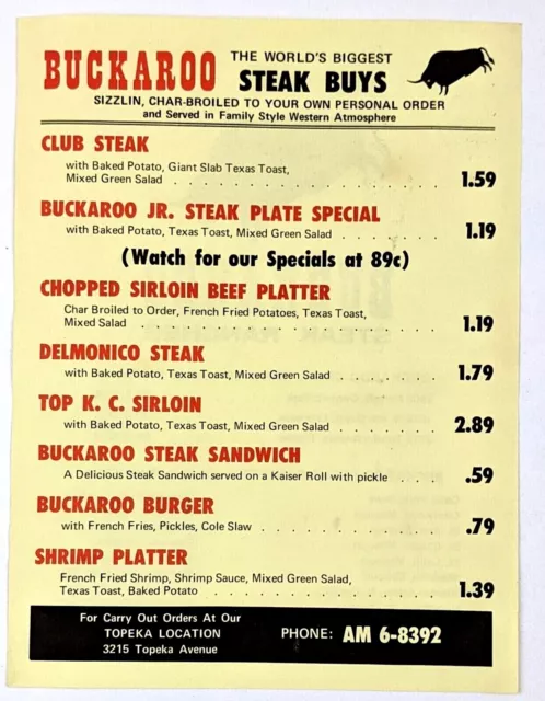 1960s Topeka Kansas Buckaroo Steak Ranches Restaurant Menu Vintage Ad Flyer