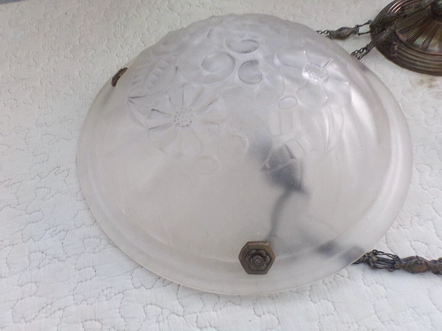 Ancienne suspension/lustre Art-Nouveau-fleurs en relief-verre compressé-XIX ème