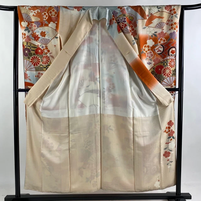 Japanese Silk Kimono Vintage Furisode Gold Fan KIku Flower Embroidery Cream 60" 3