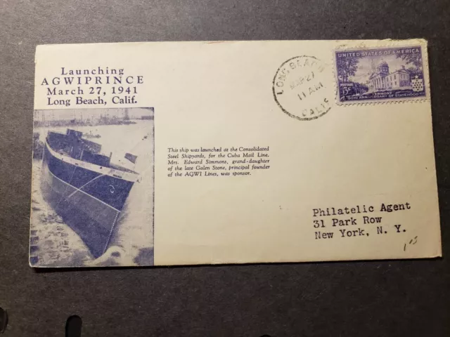 Ship AGWIPRINCE, AGWI Lines Naval Cover 1941 Launch Cachet Long Beach, Calif