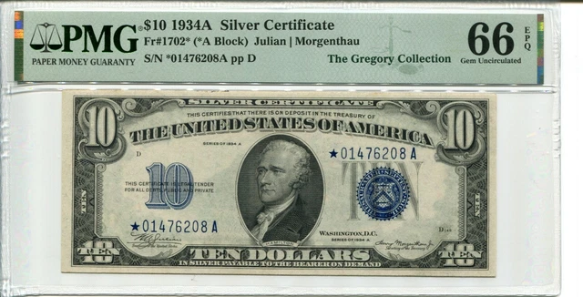 Fr 1702* Star 1934A $10 Silver Certificate Pmg 66 Epq Gem Uncirculated