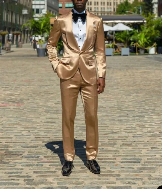 Gold Silk Satin Men Suits Blazer Pants Groom Prom Party Wedding Tuxedos 2 Pieces