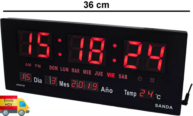 Reloj De Pared Digital Grande 36Cm Alarma Calendario Termometro Envio Hoy