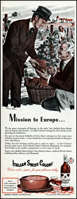 1945 Vineyard grape harvest Italian Swiss Colony Wine vintage art Print Ad adL98