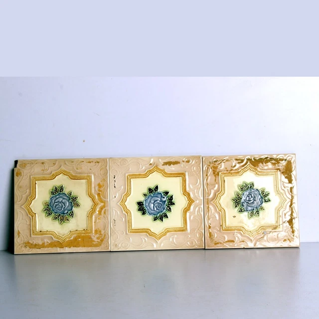 3 Pc Vintage Majolica Decorative Flower Art Embossed Tiles,Japan 10850