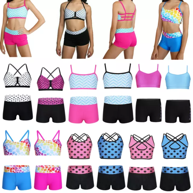 Kids Girls Two Piece Dance Crop Bra Top+Shorts Gymnastics Active Sports Swimming