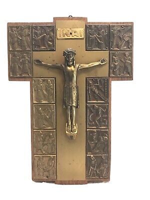 Art Deco German Brass on Wood Crucifix with the Stations of the Cross