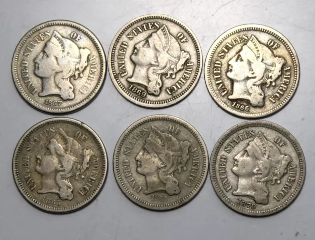 Lot of 6 Different Date Three Cent Nickels !!