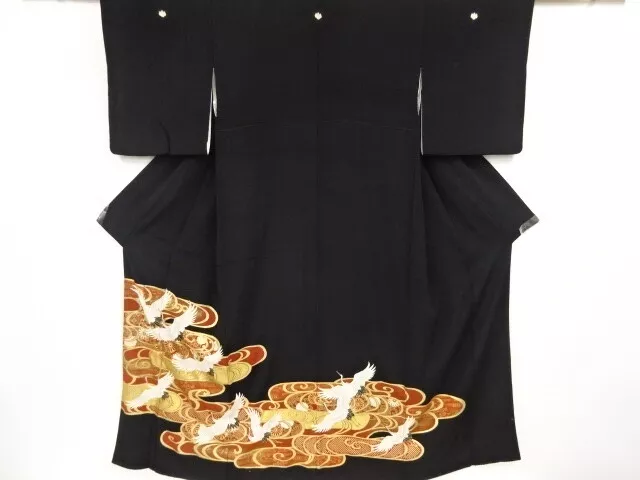 80759# Japanese Kimono / Antique Tomesode / Embroidery / Cranes & Spiral