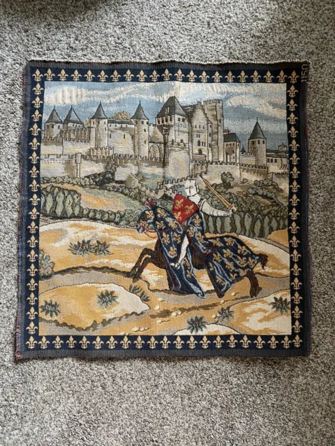 MEDIEVAL FRENCH CARCASSONNE KNIGHT CASTLE  19x19 HANDMADE TAPESTRY WALL HANGING