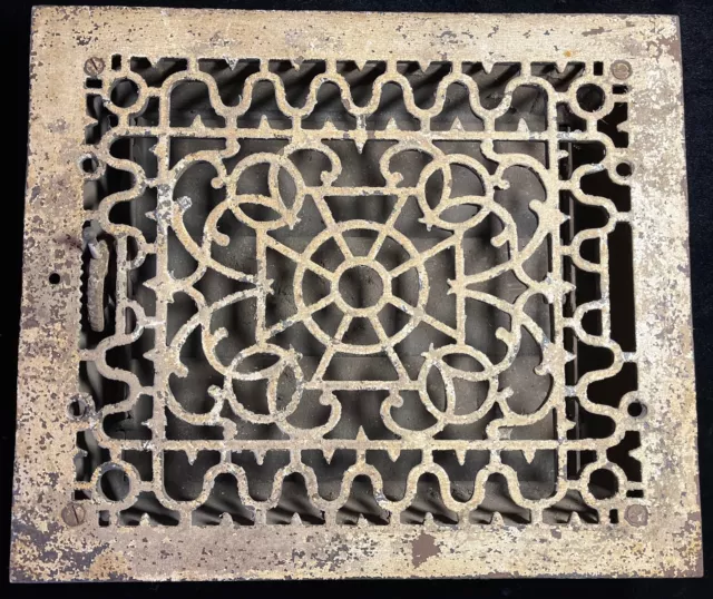 Vtg antique ornate cast iron floor grate register vent 14”X12” Victorian  deco