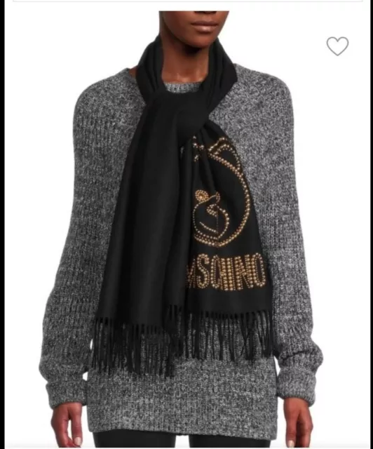 NWT Moschino Studded Logo Bear Wool Scarf Black MSRP $230