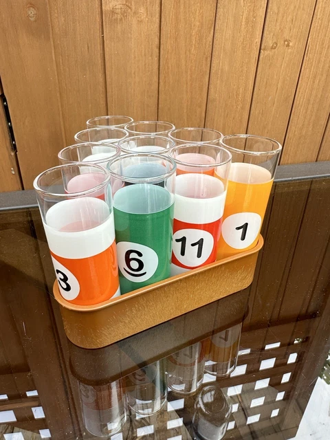 Billiard Pool Shot Glasses w Rack Storage Tray Set of 10 2 oz Game Room Barware