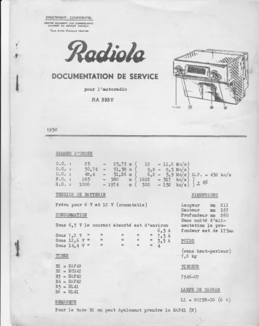 Documentation de service pour auto-radio RA 393 V : 1950, Radiola