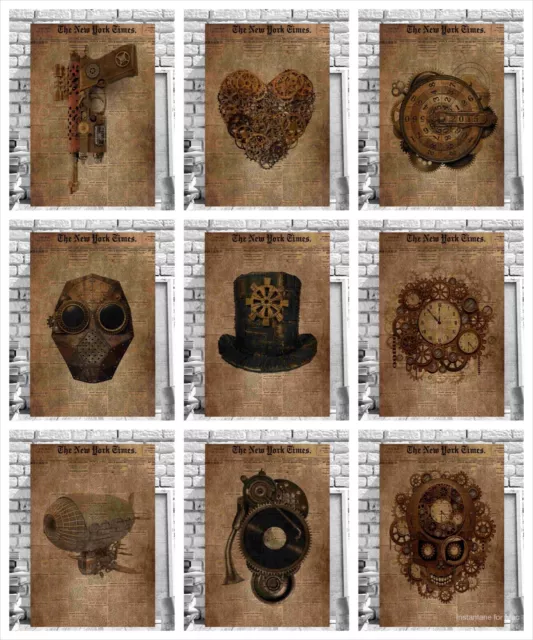 Steampunk Canvas Pictures Fantasy Time Travel Industrial Vintage Brown Wall Art