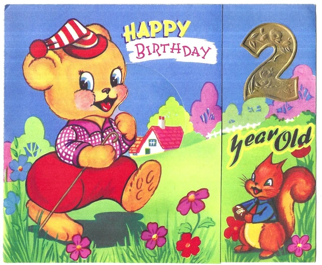 Vintage Birthday Greetings Card Anthropomorphic Bear Fox Squirrel Fishing 1950s