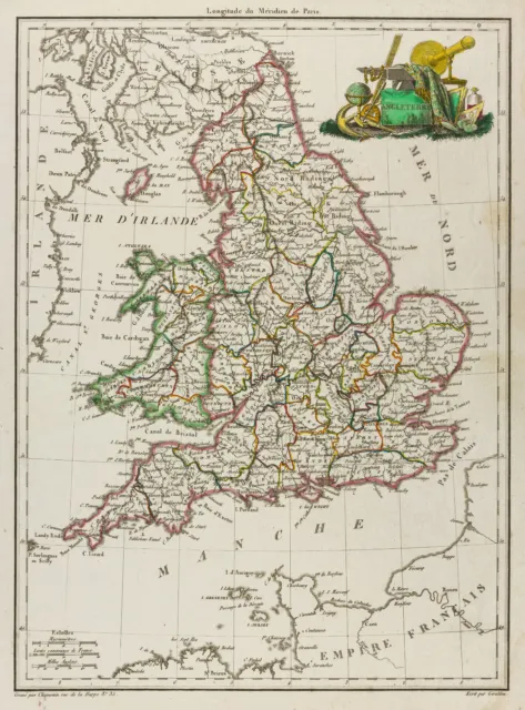 1812, Ancient Map of England, Malta-Brown & Lapie. Antique Map of England
