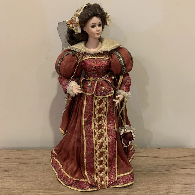 Duck House Heirloom porcelain doll vintage victorian lady red dress with stand