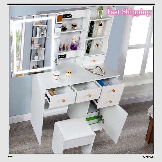 New LED Lighting Sliding Mirror Dressing Table Stool Set 5 Drawers W/ Cabinet UK