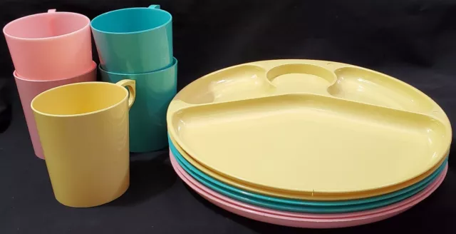 Vintage Gothamware PICNIC SET 6 Divide Plates 5 Cup pastel plastic pink aqua MCM