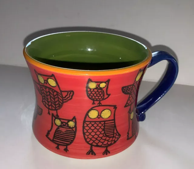 Pier 1 Imports Hand Painted Orange Stoneware Stackable Owl Mug Green Blue Coffee