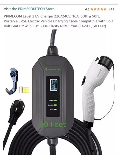 16Amp Electric Car Charger 10-30 Plug Level2 EV Charger 220-240V Charger 30 Feet