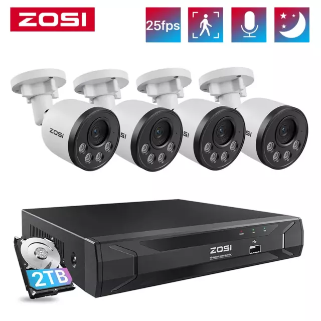 ZOSI Kit de Cámara Vigilancia PoE 8CH NVR 4MP Cámara 2TB HDD Alarma Movimiento