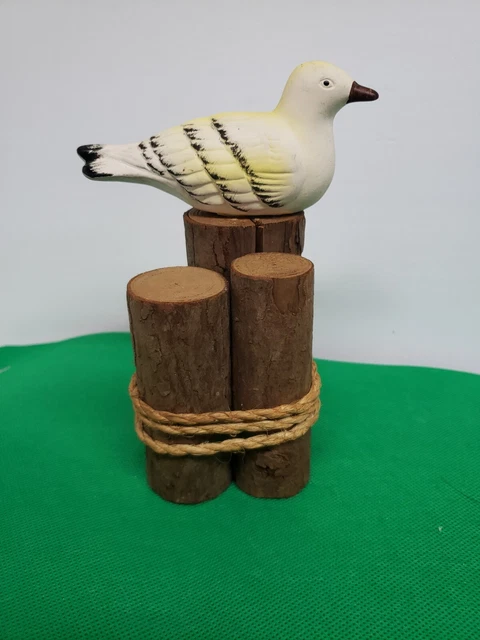 Vtg Ceramic Seagull Bird on Wood Dock Pier Post Figurine Nautical Art Decor