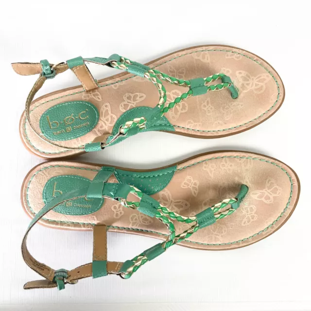 Born Womens 9 Thong Sandals Green Gold Faux Leather Braided Strap Flats BOC