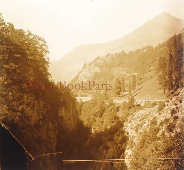 Montagne Pont Paysage c1920 Photo Plaque de verre Stereo Vintage V17T14n