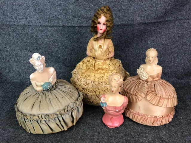 LOT Antique Vintage Chalkware & Composite Half Dolls Pin Cushion